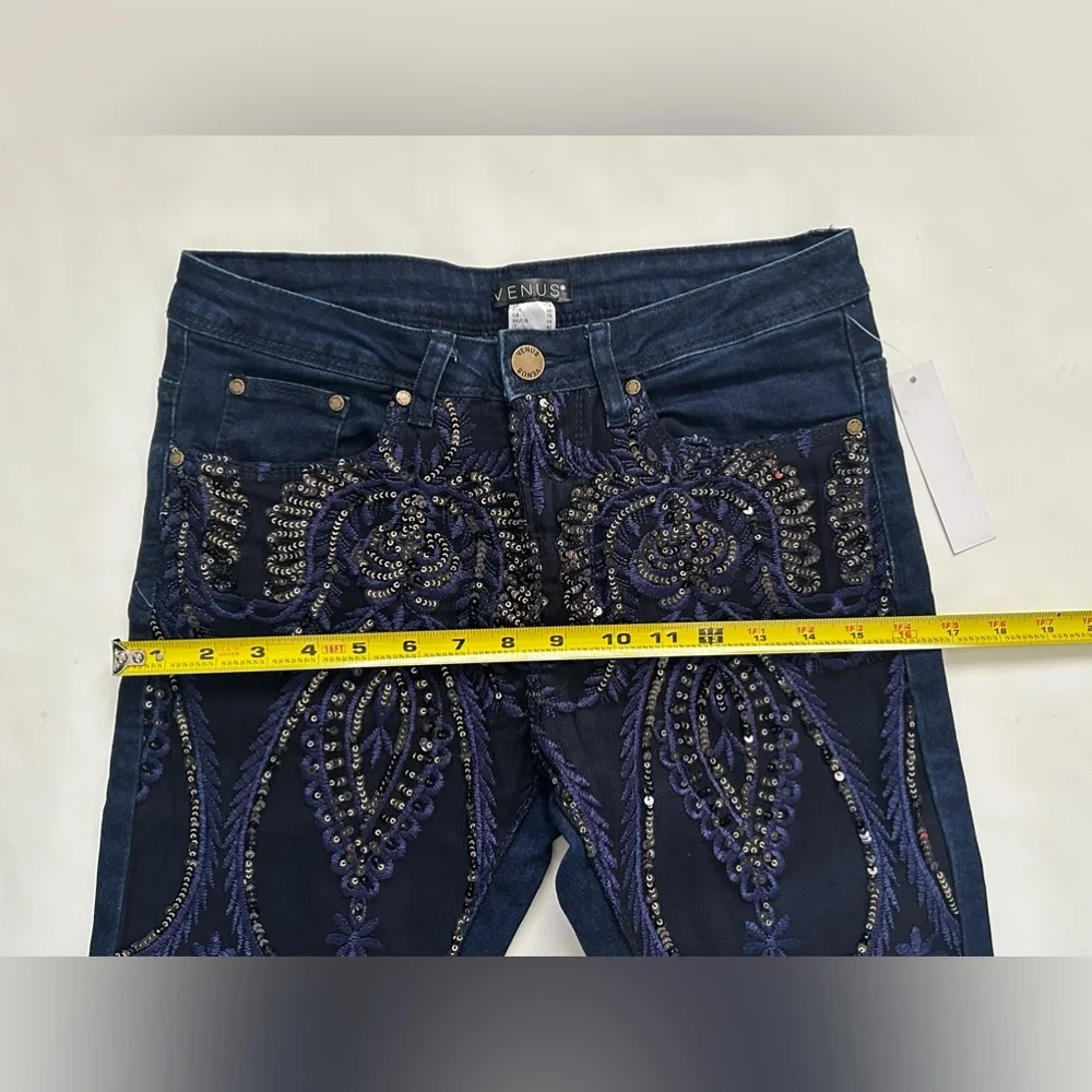 New Venus Lace Sequins Detailing Blue Jeans Size 4 - Picture 5 of 9